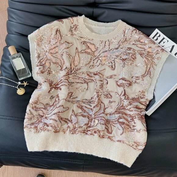 Apricot Casual Women's Sequin Embroidered Sleeveless Knit Tops - Picture 6 of 6